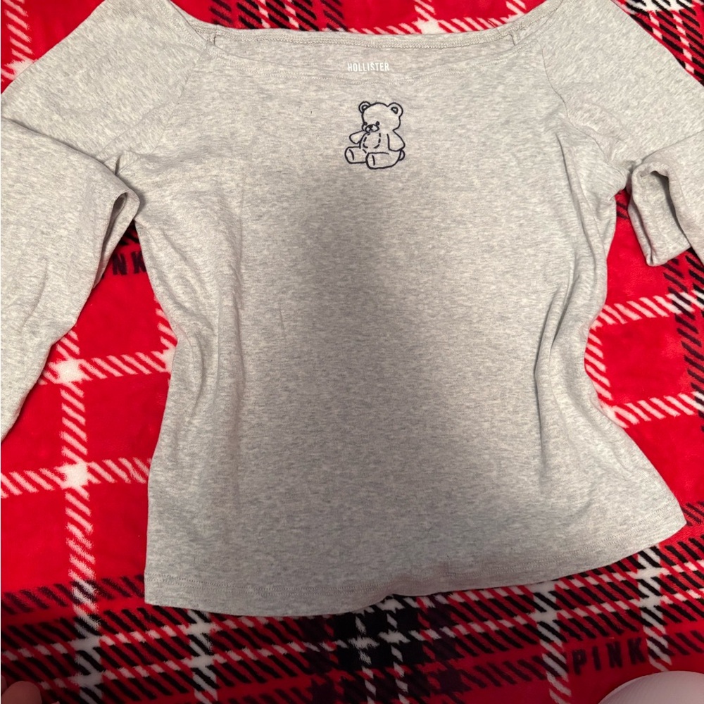 Hollister Gray Off-Shoulder Top with Bear Design